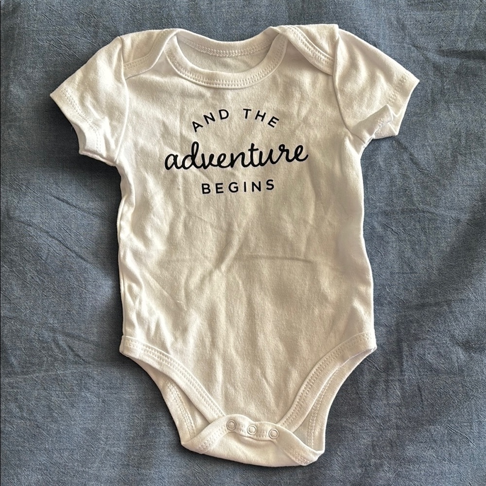 White Baby Onesie Short-Sleeve Bodysuit - “And the Adventure Begins”